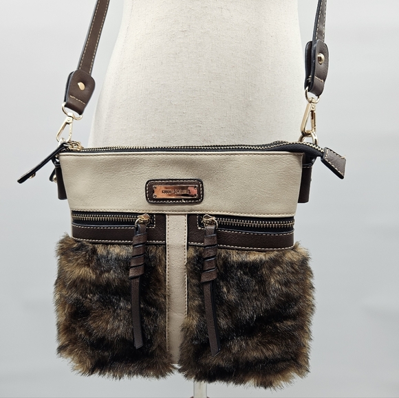 Coco & Carmen Faux Fur & Faux Leather Cream & Brown Crossbody Bag EUC - Picture 1 of 13